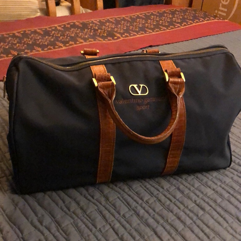 Valentino Garavani Black Canvas Travel Duffle with Brown Leather Trim